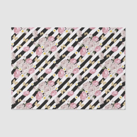 Vlinder Roos Margriet Bloem Zwart Wit Streep Tissuepapier (Voorkant)