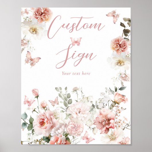 Vlinder Roze Bloemen Baby shower Custom Sign Poster (Voorkant)