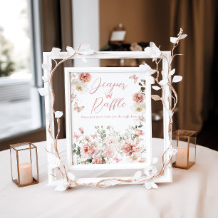 Vlinder Roze Bloemen Baby shower Luier Raffle Poster
