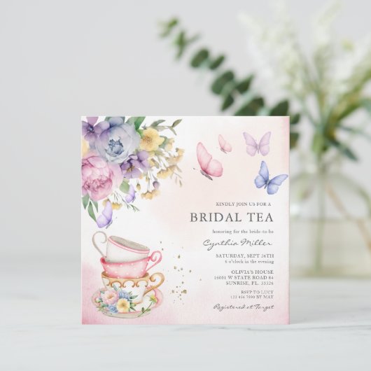 Vlinder Roze Bloemen Bruids Thee Vrijgezellenfeest Kaart (Staand voorkant)