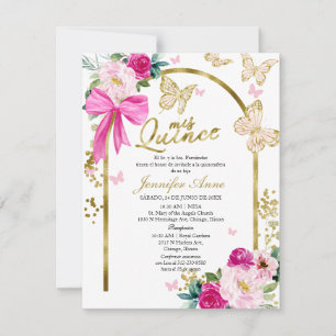 Vlinder Roze Boog Bloemrijke Spaanse Quinceanera Kaart