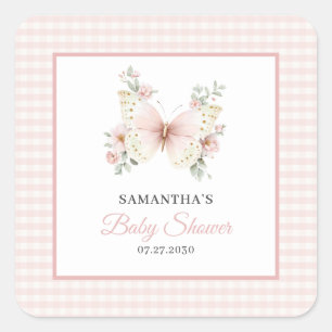 Vlinder Roze Gingham Bloem Meisje Baby Shower Vierkante Sticker