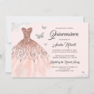 Vlinder Roze Goud Glitter Jurk Quinceanera Kaart