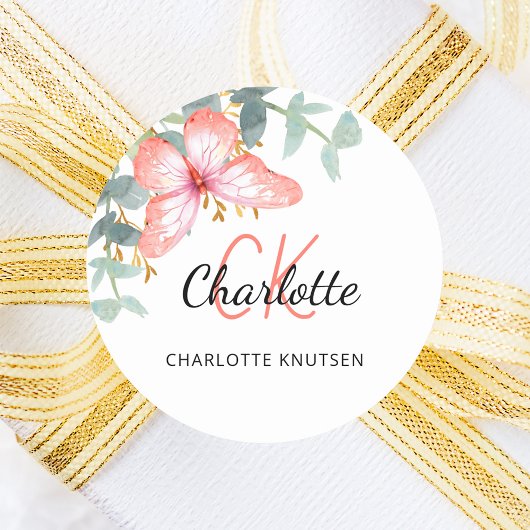 Vlinder roze goud perzik groen thank you ronde sticker