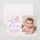 Vlinder Roze Paars Goud Meisje 1e Verjaardag Foto Bedankkaart (Voorkant / Achterkant)
