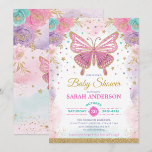 Vlinder Roze Paars Turquoise Regenboog Baby Shower Kaart