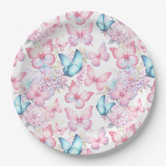 Vlinder Roze Paarse Blauw Zomerfeest Papieren Bordje (Voorkant)