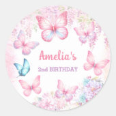 Vlinder Roze Paarse Bloemen Zomer Meisje Verjaarda Ronde Sticker (Voorkant)
