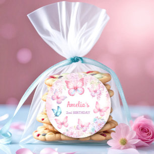 Vlinder Roze Paarse Bloemen Zomer Meisje Verjaarda Ronde Sticker