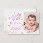 Vlinder Roze Paarse Gouden Meisje 1e Verjaardag Fo Bedankkaart (Voorkant)