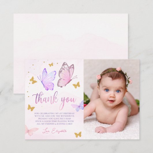 Vlinder Roze Paarse Gouden Meisje 1e Verjaardag Fo Bedankkaart (Voorkant / Achterkant)