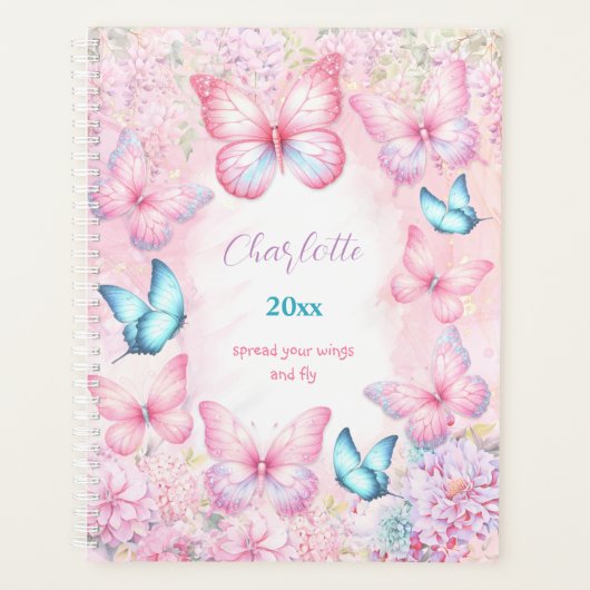 Vlinder Roze Paarse Kleurrijke Bloemen Meisje Naam Planner (Voorkant)