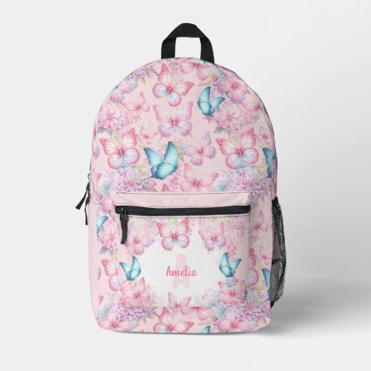 Vlinder Roze Paarse Pastel Bloemen Naam Meisje Bedrukte Rugzak (Voorkant)