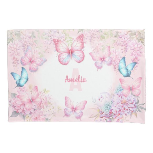 Vlinder Roze Paarse Pastel Bloemen Naam Meisje Kussensloop (Voorkant)