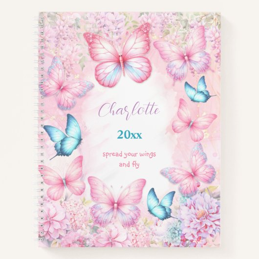 Vlinder Roze Paarse Schetsboek Bloemen meisjesnaam Notitieboek (Voorkant)