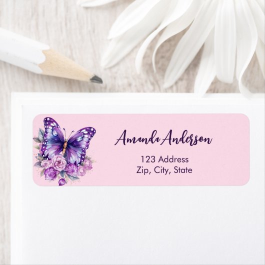 Vlinder roze paarse trouw retouradres etiket (Insitu)