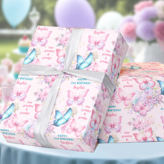 Vlinder roze Paarse Zomer Verjaardag Meisje Naam Cadeaupapier