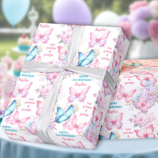 Vlinder Roze Paarse Zomer Verjaardag Naam Tekst Cadeaupapier