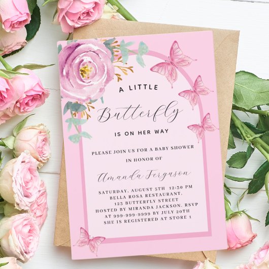 Vlinder roze roos bloemenboog Baby shower Kaart