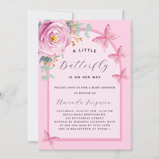 Vlinder roze roos bloemenboog Baby shower Kaart (Voorkant)