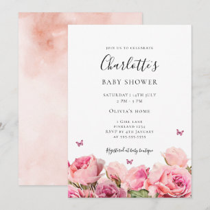 Vlinder Roze Roos Meisje Baby Shower Uitnodiging
