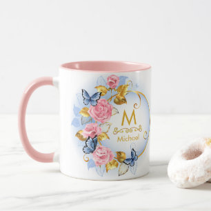 Vlinder & Roze Roos Monogram I Gouden Initiaal Mok