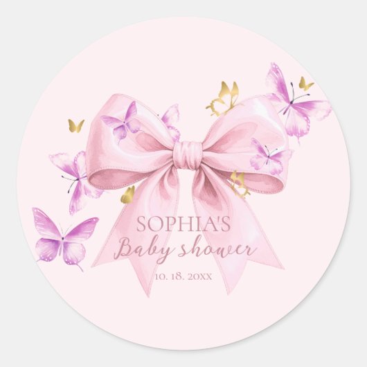 Vlinder Roze Strik Baby Shower Ronde Sticker (Voorkant)