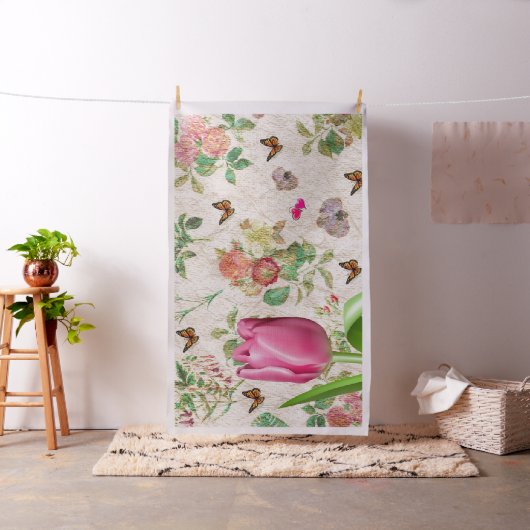 Vlinder roze tulp roze harten bloemstof stof (Voorbeeld)