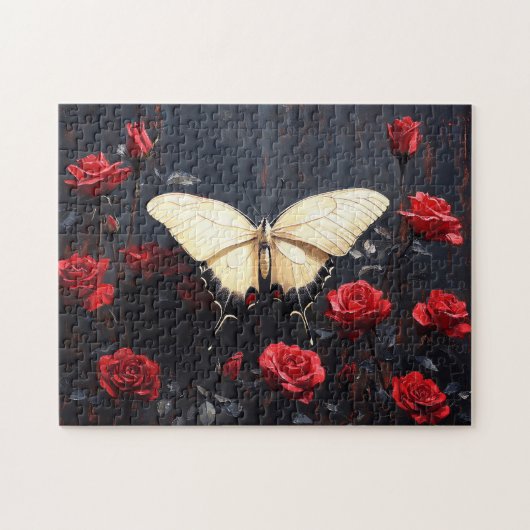 Vlinder rust tussen levendige rode rozen legpuzzel (Horizontaal)