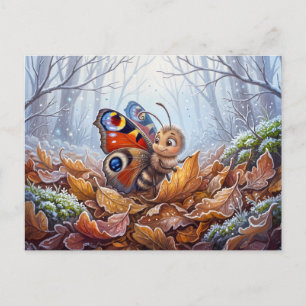 Vlinder rustend in herfstbladeren bij eerste kou N Briefkaart