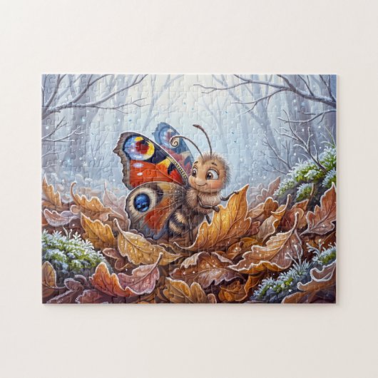 Vlinder rustend in herfstbladeren bij eerste kou N Legpuzzel (Horizontaal)