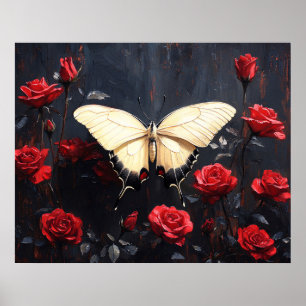 Vlinder rustend tussen levendige rode rozen poster