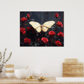 Vlinder rustend tussen levendige rode rozen poster (Keuken)