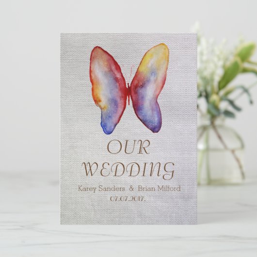 Vlinder, rustiek Canvas bruiloft uitnodiging (Staand voorkant)