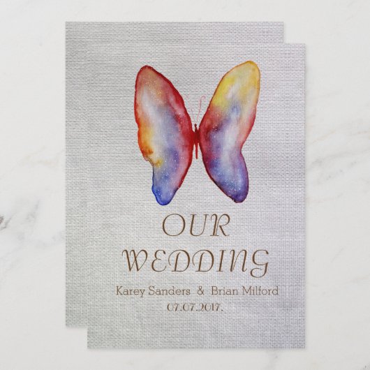 Vlinder, rustiek Canvas bruiloft uitnodiging (Voorkant / Achterkant)