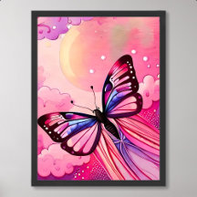 Vlinder schilderij vlieg naar wolk roze middag zon