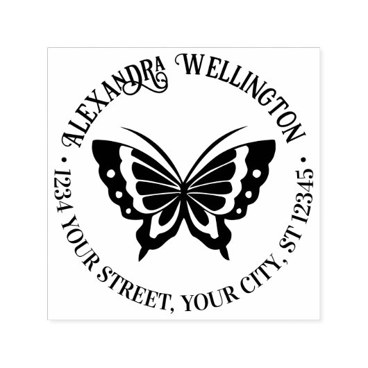 Vlinder Silhouet Rond Naam Retouradres #2 Zelfinktende Stempel (Design)