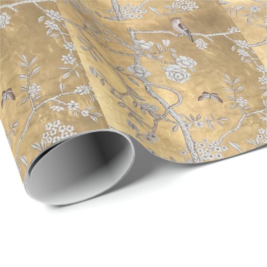 Vlinder & Sparrow Golden Oriental Garden Scene Cadeaupapier (Rol Hoek)