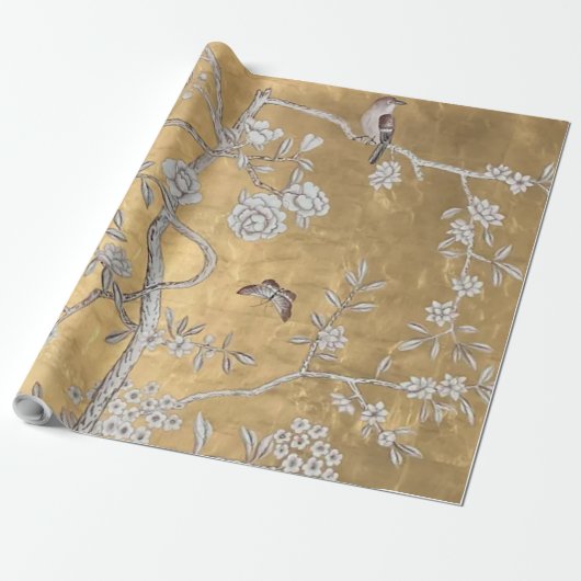 Vlinder & Sparrow Golden Oriental Garden Scene Cadeaupapier (Uitgerold)
