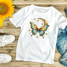 Vlinder Sterren Hemels Zwart Goud Teal Boho T-shirt