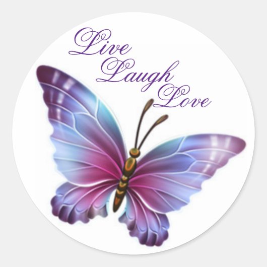 Vlinder Sticker/Paarse "Live Lach Liefde" Ronde Sticker (Voorkant)