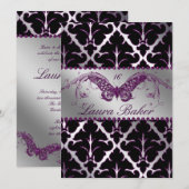 Vlinder Sweet 16 Uitnodiging Damask Paars Glans (Voorkant / Achterkant)