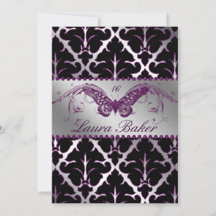 Vlinder Sweet 16 Uitnodiging Damask Paars Glans