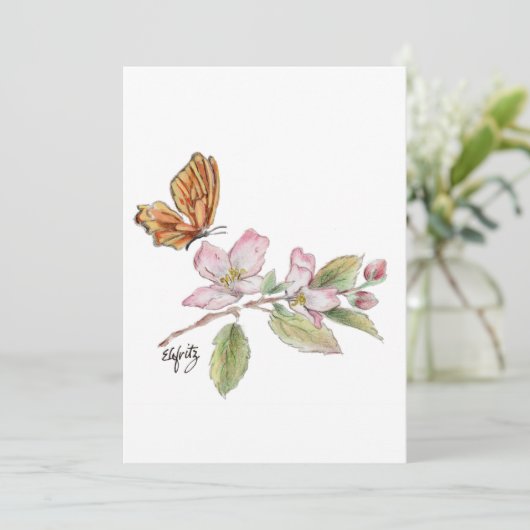 vlinder tegen bloesem bedankkaart (Staand voorkant)