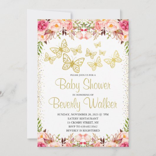 Vlinder thema Baby shower Botanische bloemen Kaart (Voorkant)