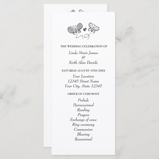 Vlinder thema lente bruiloft ceremonie programma programmakaart (Voorkant / Achterkant)