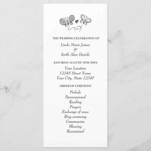 Vlinder thema lente bruiloft ceremonie programma programmakaart (Voorkant)