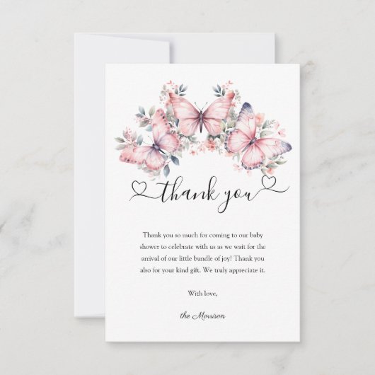 Vlinder thema roze Waterverf Baby shower Bedankkaart (Voorkant)