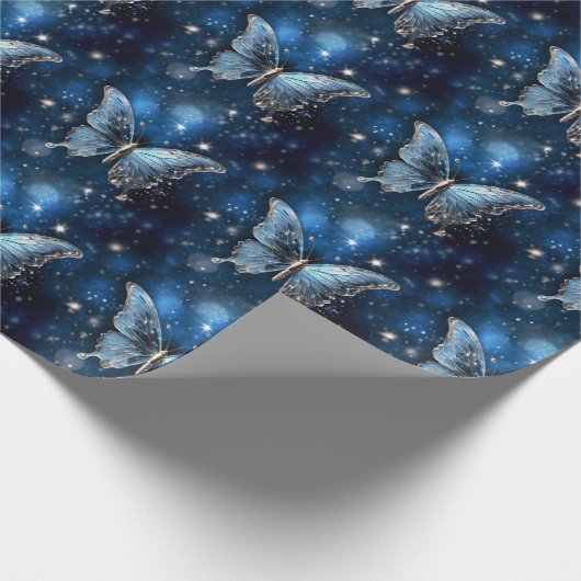 Vlinder toverachtig blauw betoverd dromerig fantas cadeaupapier (Hoek)
