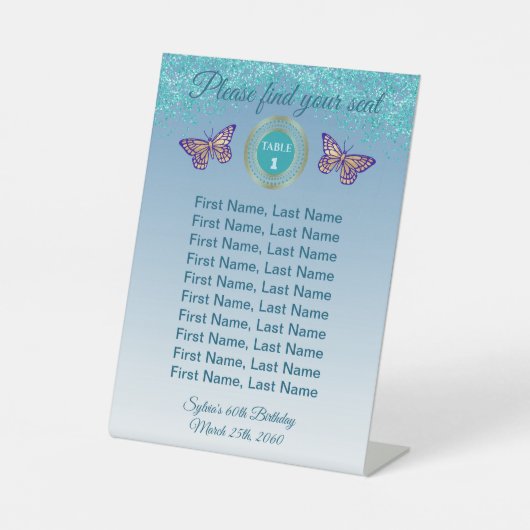 Vlinder & Turkoois Blauwe Glitter Tafel Nummer Bor Reclamebord Met Voetstuk (Voorkant)